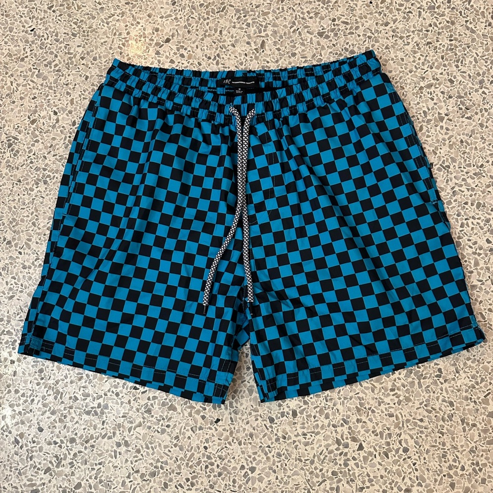 INC International Concept Blue Black Checker Swim Shorts Trunks w/ Mesh - Medium